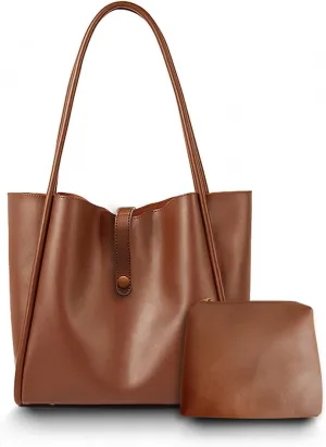 Women's Oversize Leather Tote Bag - Weekender Mini Shopper Handbag for Travel and Work - Small Brown Coffee Purse