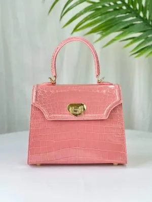 Womens Pale Rose Pink Shiny Crocodile Leather Top Handle Cross Body  Bag