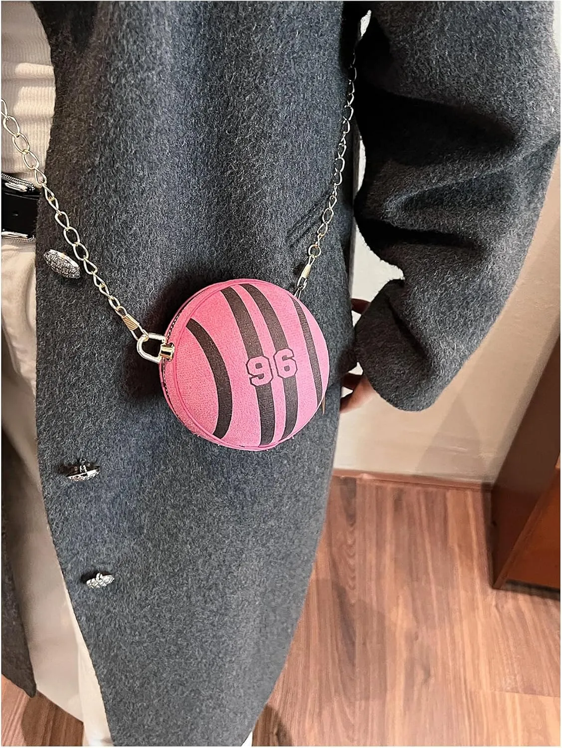 Women's Round Crossbody Bag Striped Number Print Shoulder Bag with Metal Chain Strap Zipper Purse