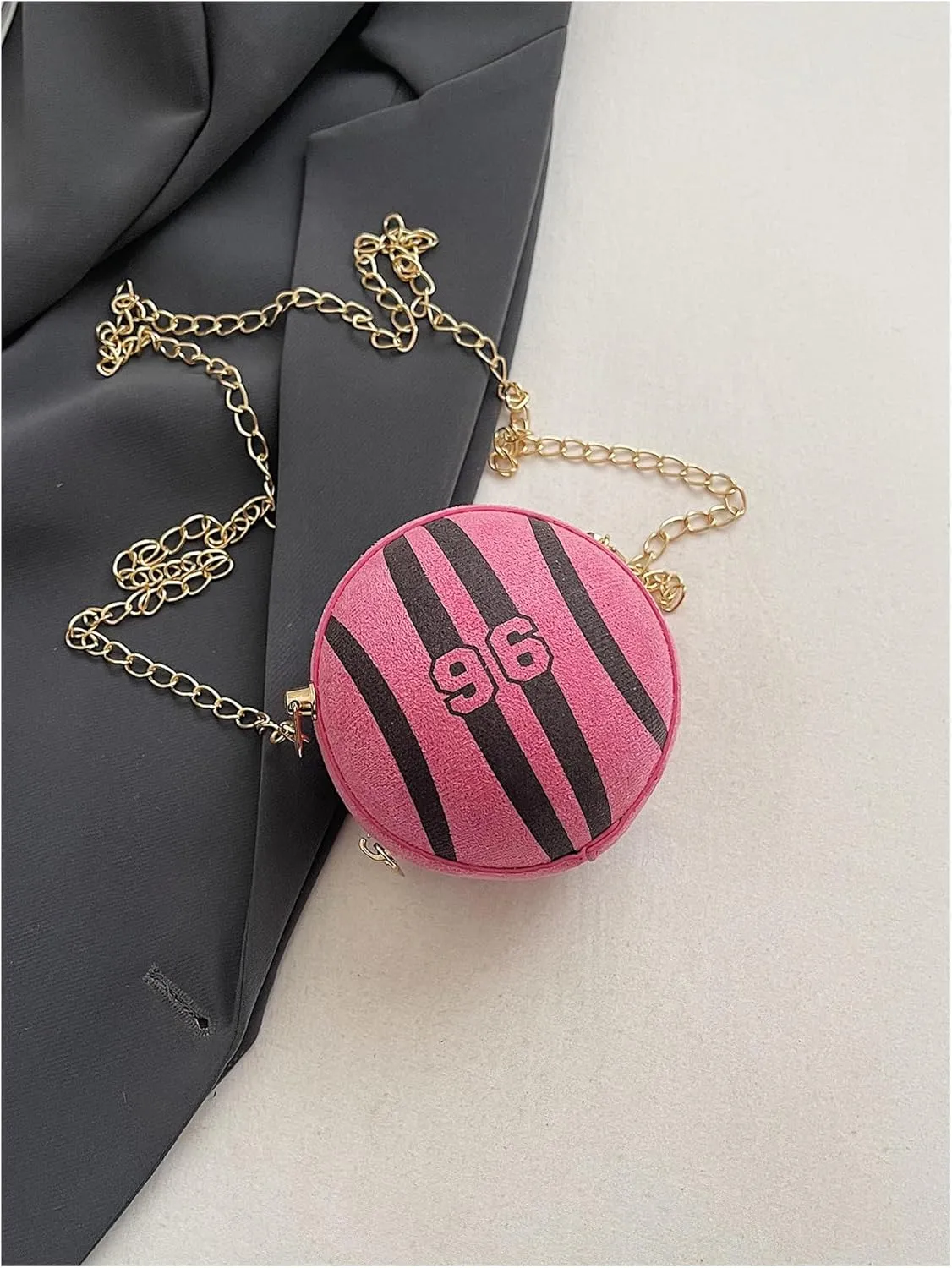 Women's Round Crossbody Bag Striped Number Print Shoulder Bag with Metal Chain Strap Zipper Purse