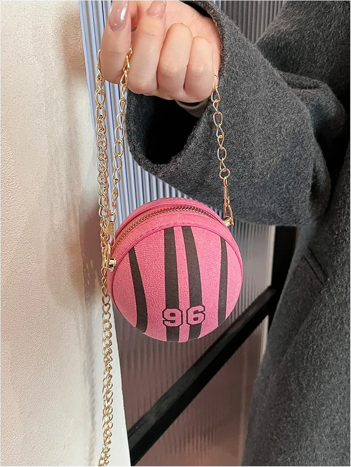 Women's Round Crossbody Bag Striped Number Print Shoulder Bag with Metal Chain Strap Zipper Purse
