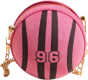 Women's Round Crossbody Bag Striped Number Print Shoulder Bag with Metal Chain Strap Zipper Purse