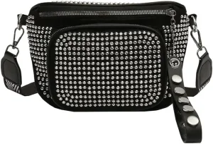 Women's Sling Waist Pack PU Leather Crossbody Bags Rhinestone Diamond Phone Bag Zip Wide Strap Saddle Purse, silver