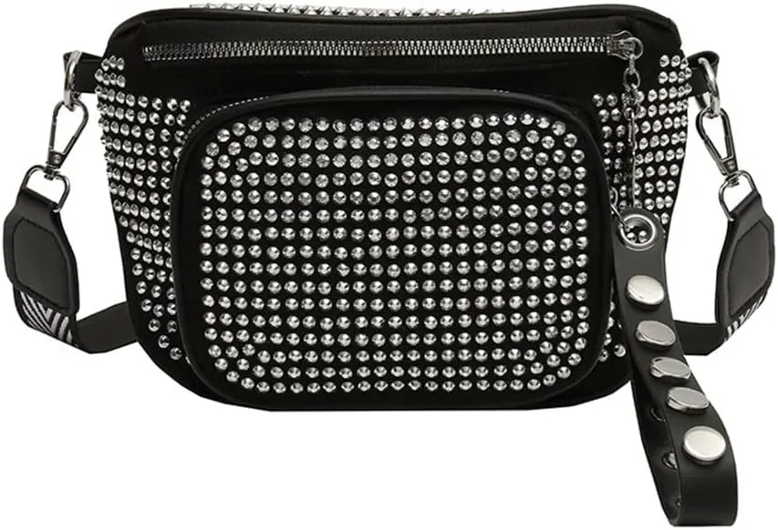 Women's Sling Waist Pack PU Leather Crossbody Bags Rhinestone Diamond Phone Bag Zip Wide Strap Saddle Purse, silver