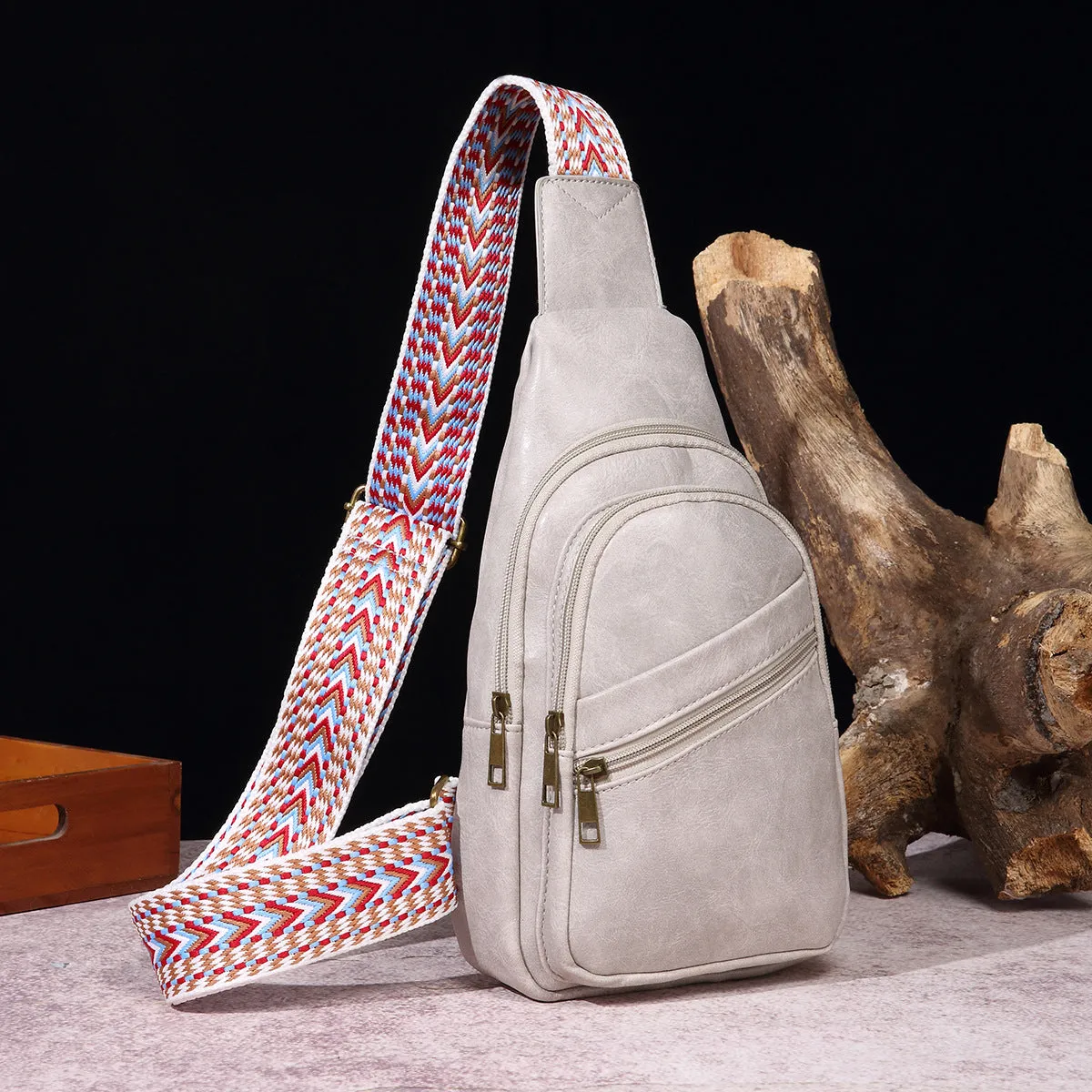 Women's Solid Colour Crossbody Bag with Printed Strap
