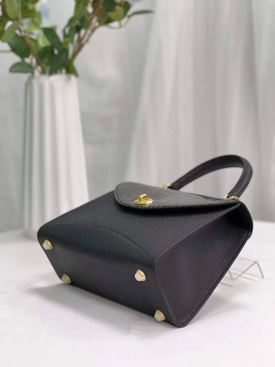 Womens Top Handle Bag Togo Leather  / Shiny Black Crocodile Skin Leather Gold Hardware
