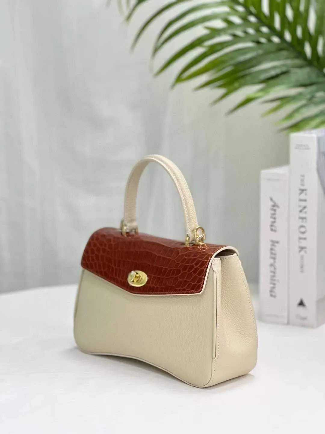 Womens Top Handle Bag Togo Leather  / Shiny Wine Red Crocodile Skin Leather Gold Hardware