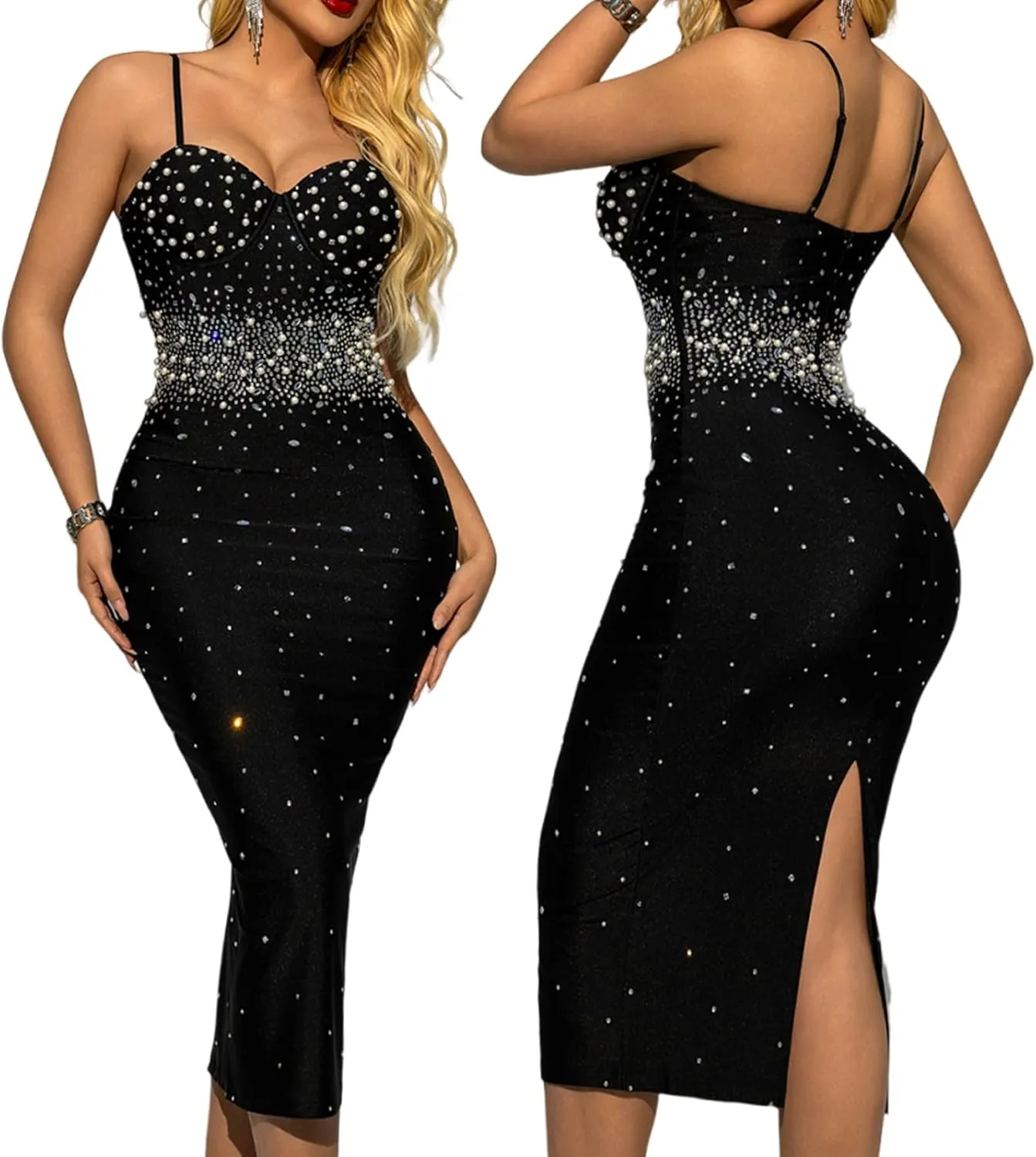 Women's Wedding Guest Rhinestone Pearls Dress Bodycon Sexy Date Night Dress