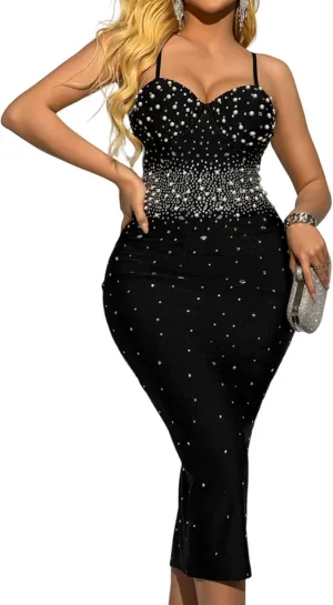 Women's Wedding Guest Rhinestone Pearls Dress Bodycon Sexy Date Night Dress