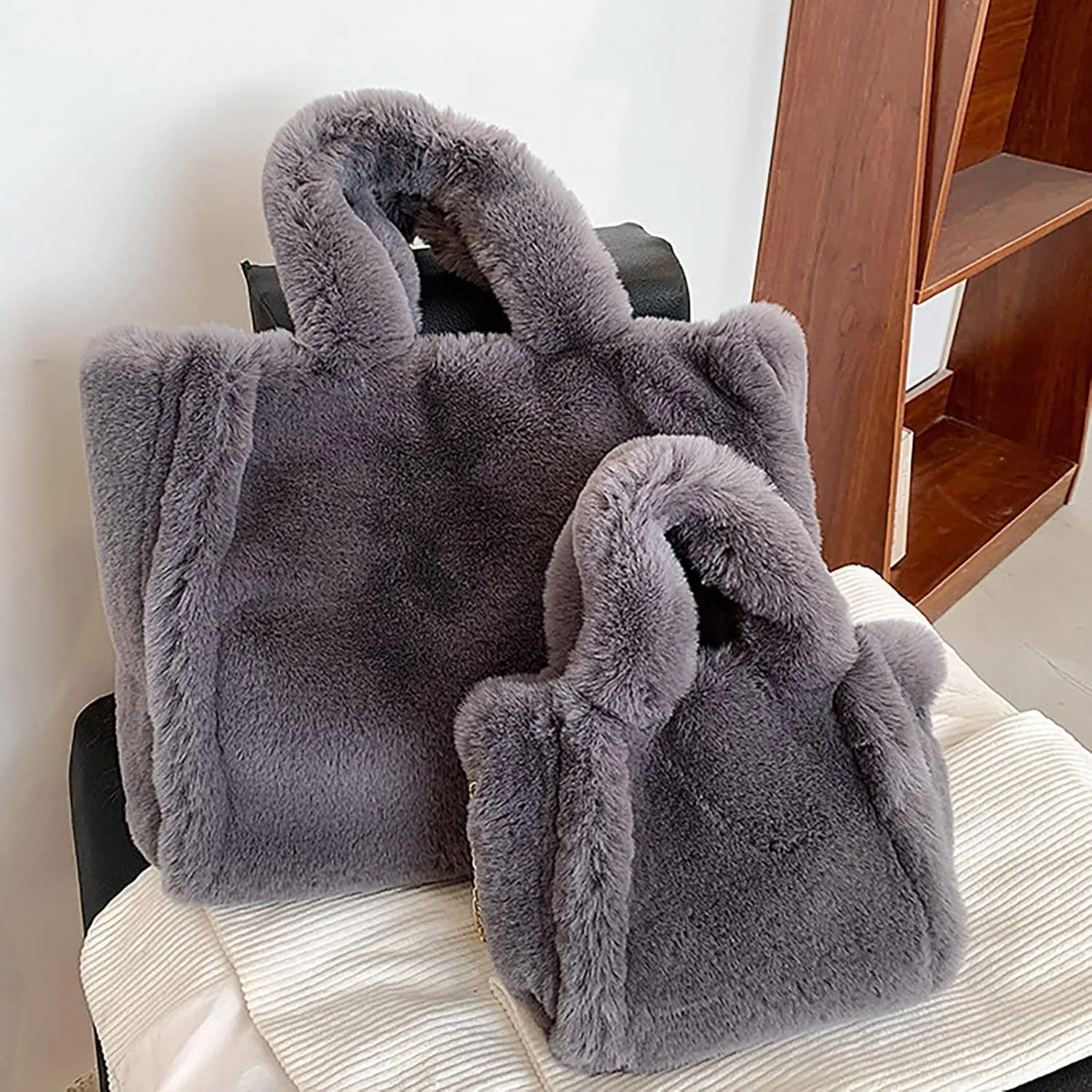 Women's Winter New Largesize Large Capacity Solid Color Simple Plush Handbag over Shoulder Bag (Grey, One Size)