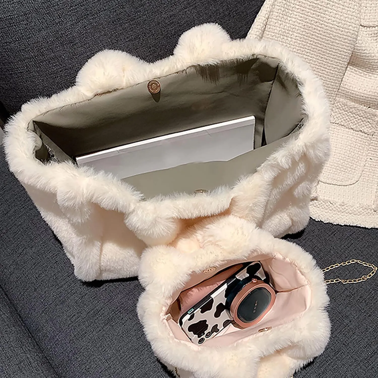 Women's Winter New Largesize Large Capacity Solid Color Simple Plush Handbag over Shoulder Bag (Khaki, One Size)