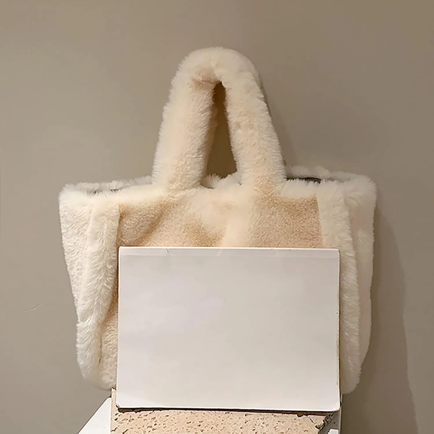 Women's Winter New Largesize Large Capacity Solid Color Simple Plush Handbag over Shoulder Bag (Khaki, One Size)