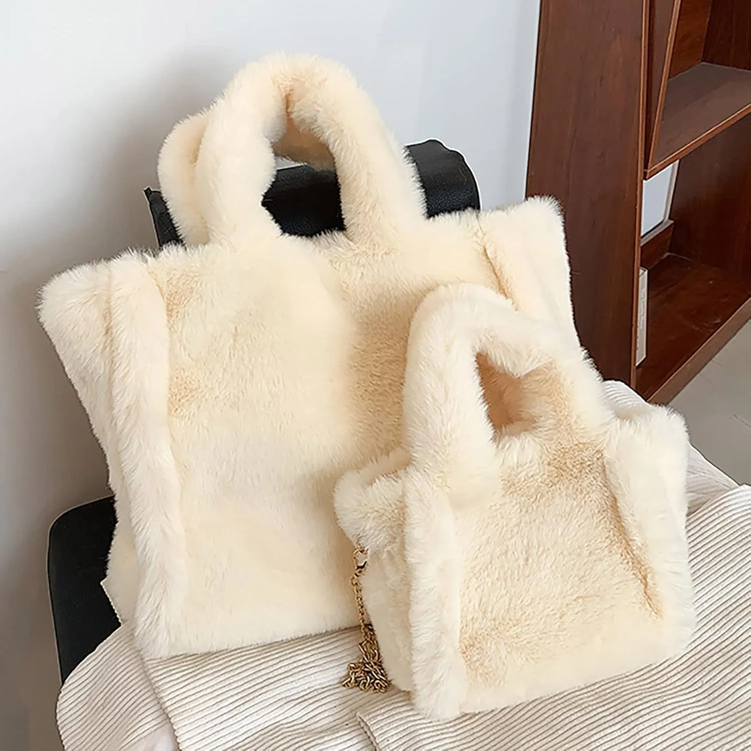 Women's Winter New Largesize Large Capacity Solid Color Simple Plush Handbag over Shoulder Bag (White, One Size)