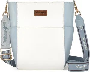 Wrangler Bucket Handbags for Women Hobo Crossbody Purse with Organizer Insert, White Blue