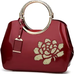 XingChen Women Handbag Patent Leather Flower Pattern Satchel Charm Glossy Purse Metal Grip Structured Shoulder Bag