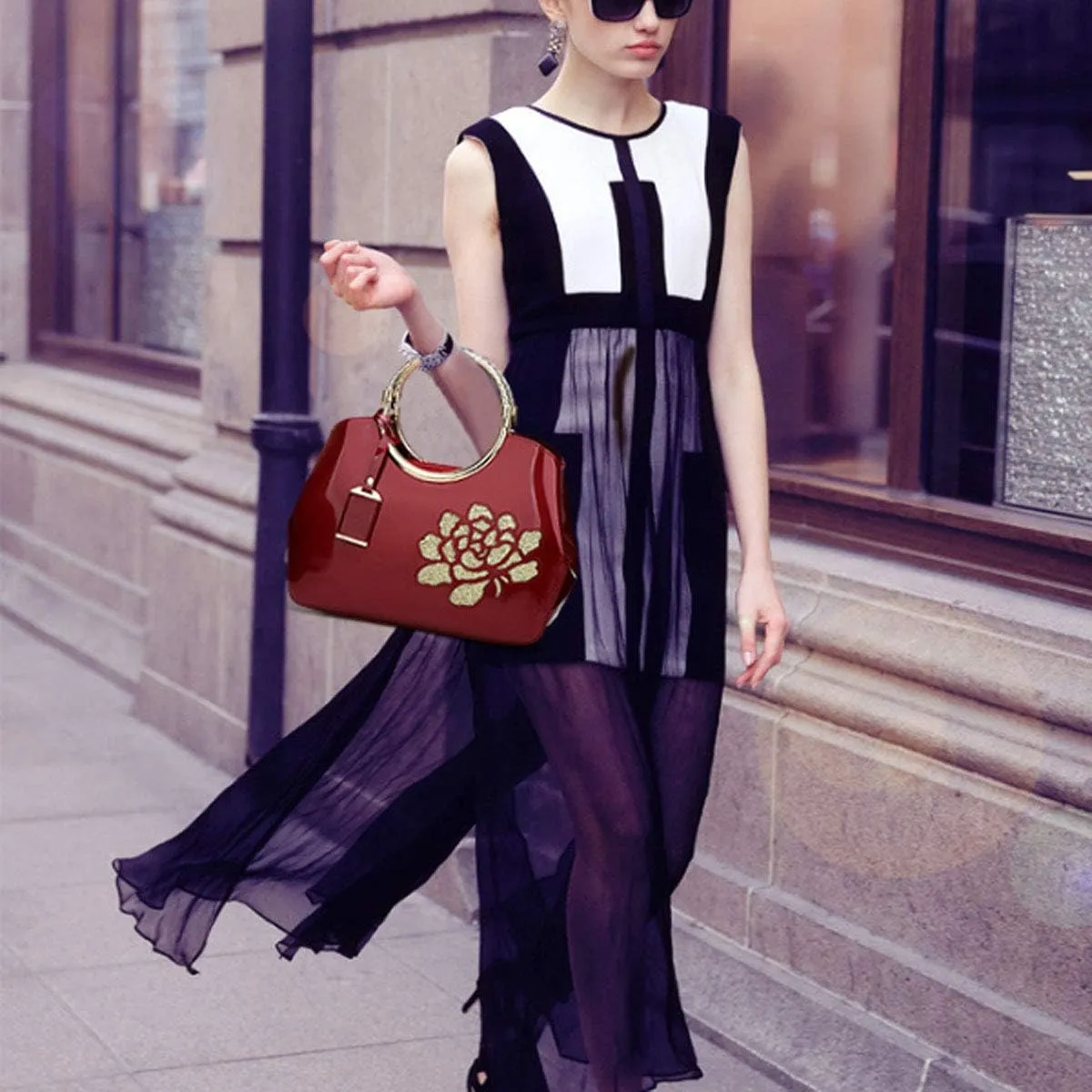 XingChen Women Handbag Patent Leather Flower Pattern Satchel Charm Glossy Purse Metal Grip Structured Shoulder Bag