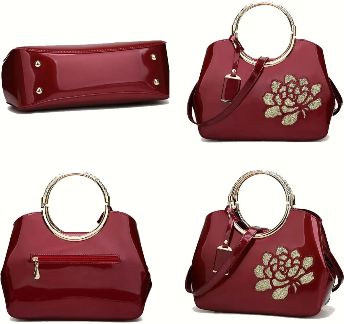 XingChen Women Handbag Patent Leather Flower Pattern Satchel Charm Glossy Purse Metal Grip Structured Shoulder Bag