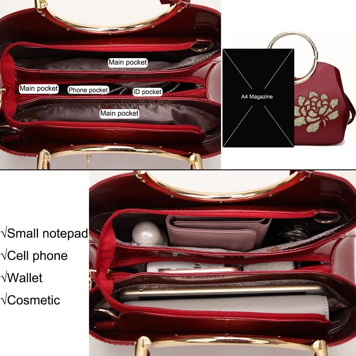 XingChen Women Handbag Patent Leather Flower Pattern Satchel Charm Glossy Purse Metal Grip Structured Shoulder Bag