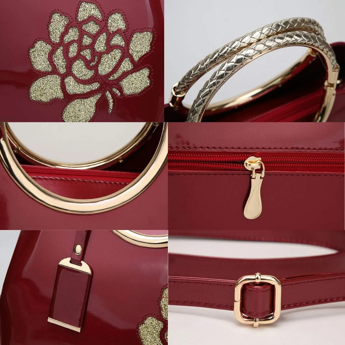 XingChen Women Handbag Patent Leather Flower Pattern Satchel Charm Glossy Purse Metal Grip Structured Shoulder Bag