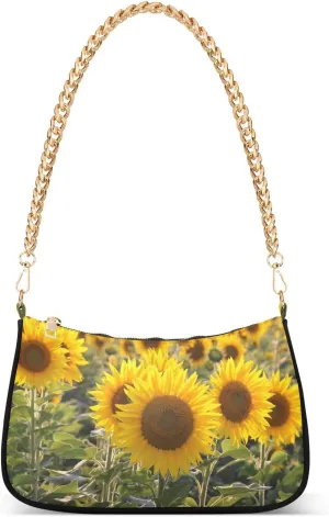 Yellow Sunflowers Shoulder Handbags for Women Travel Hobo Tote Handbag Women Gold Chain Shoulder Bags Purse with Zipper Closure