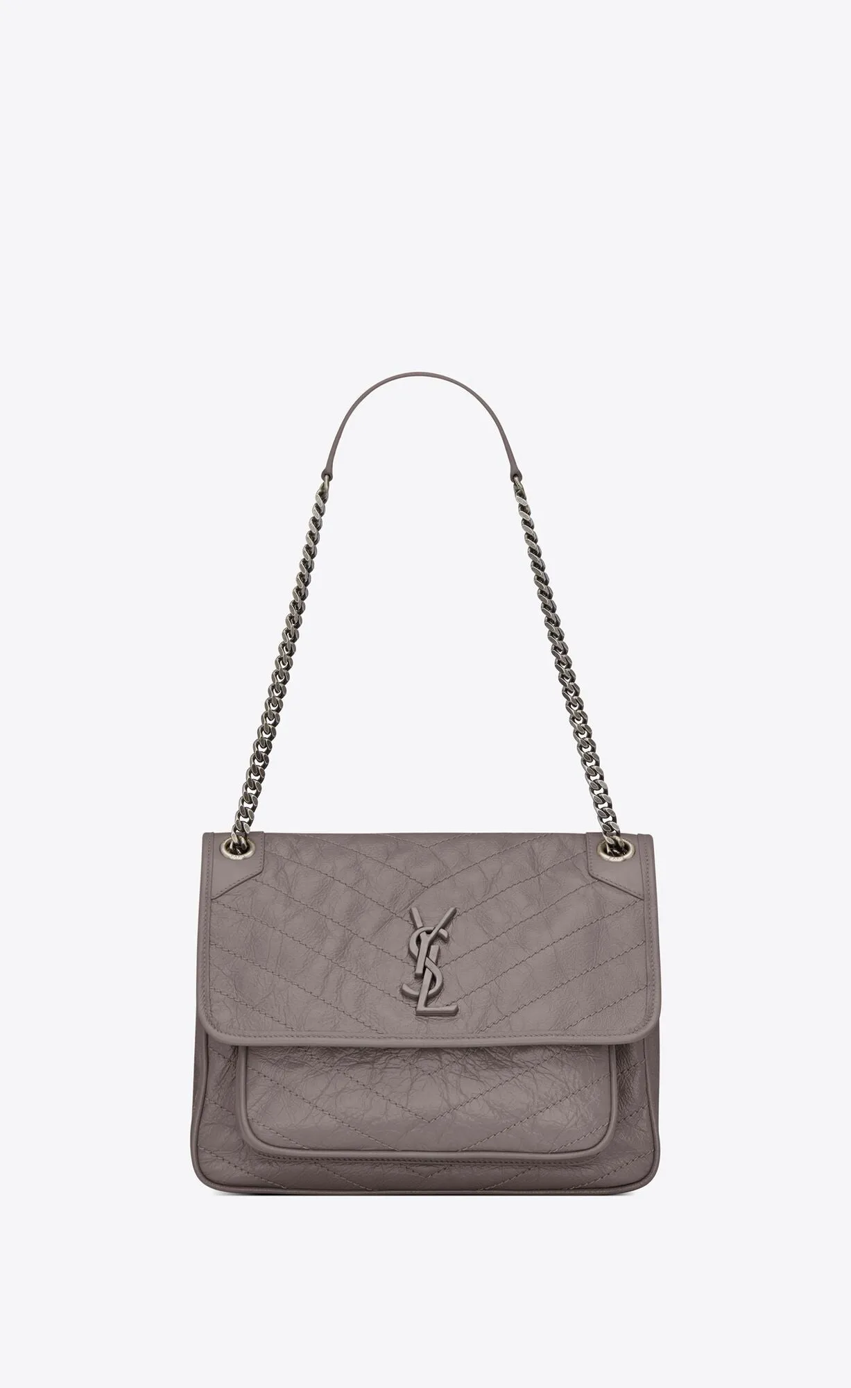 YSL NIKI MEDIUM CHAIN BAG IN CRINKLED VINTAGE LEATHER FOG GREY