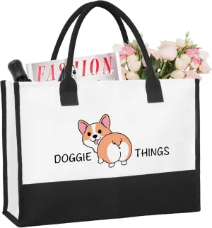 ZYQFN Corgi Doggie Things Canvas Tote Bag Canvas Beach Bag for Women, Dog Lovers Gifts for Women, Birthday Christmas Cute Corgi Gifts For Dog Mom, Dog Carrying Bag Dog Travel Bags. (020), White, One